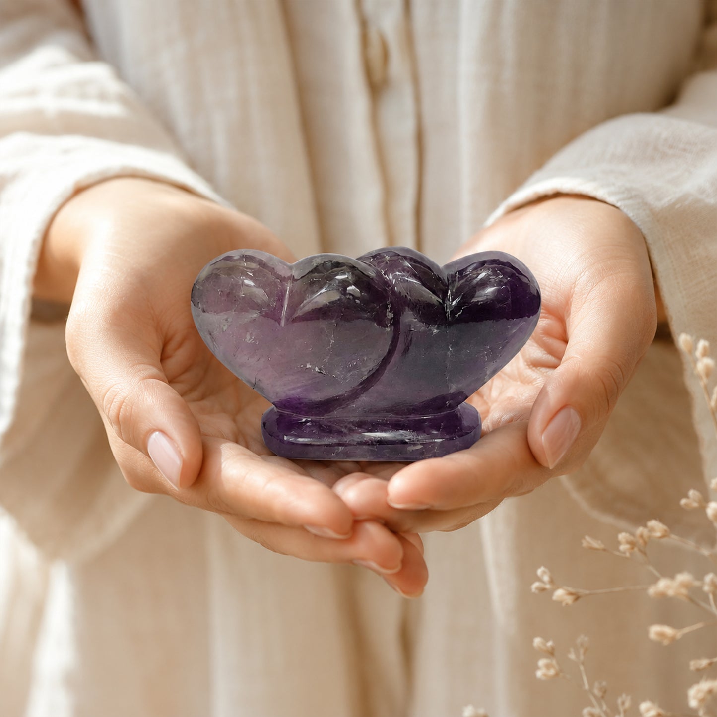 Natural Amethyst Twin Heart - Hand Carved - Decor