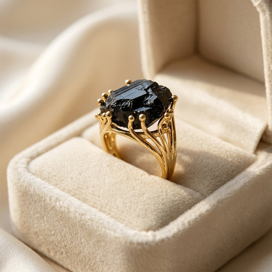 Raw Black Tourmaline Ring, Adjustable Gold-Plated Finger Ring