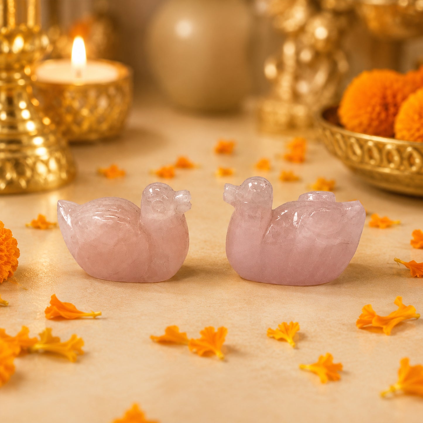 Rose Quartz Carved Duck Pair: Crystal Love Birds, Home Decor