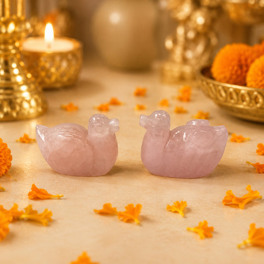 Rose Quartz Carved Duck Pair: Crystal Love Birds, Home Decor