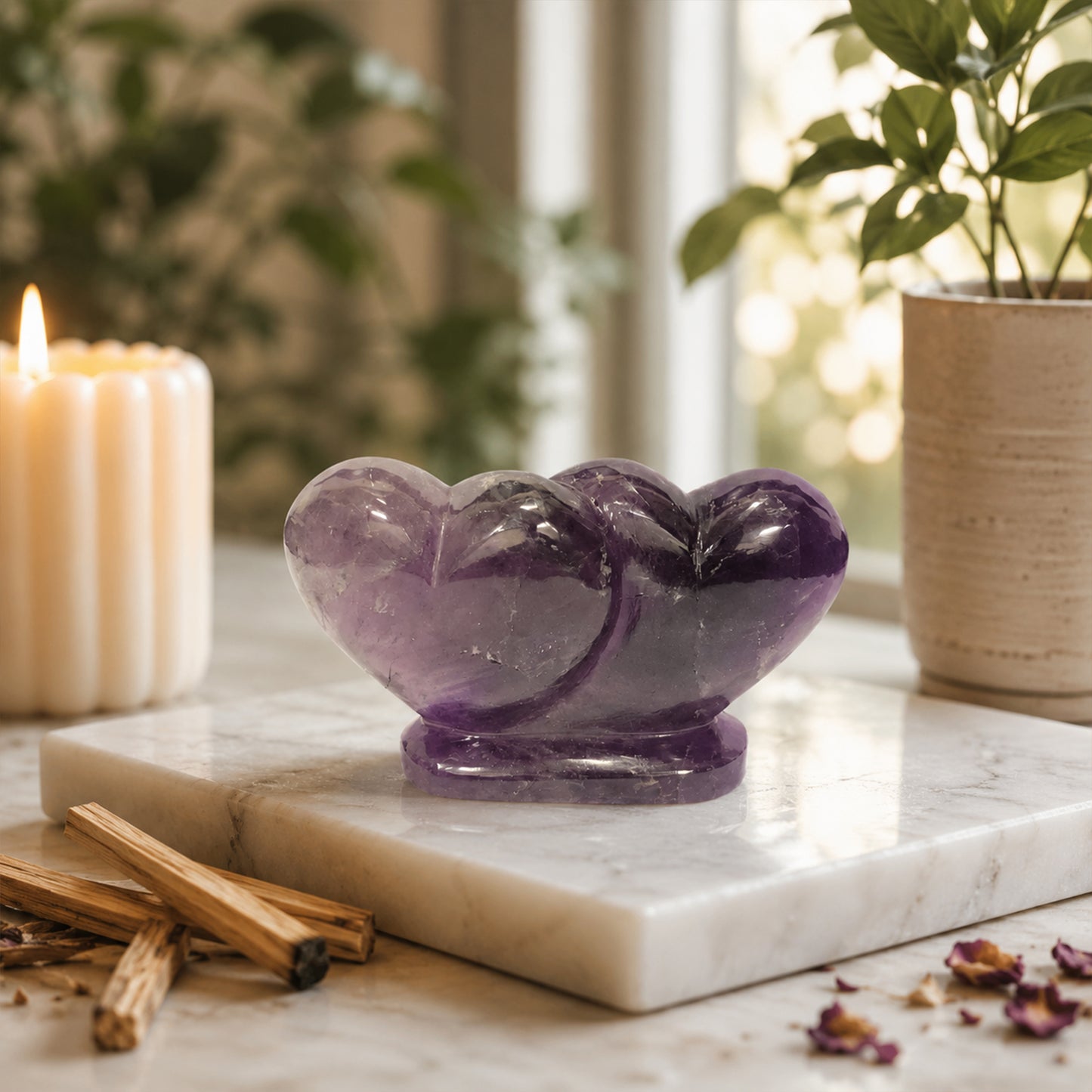 Natural Amethyst Twin Heart - Hand Carved - Decor