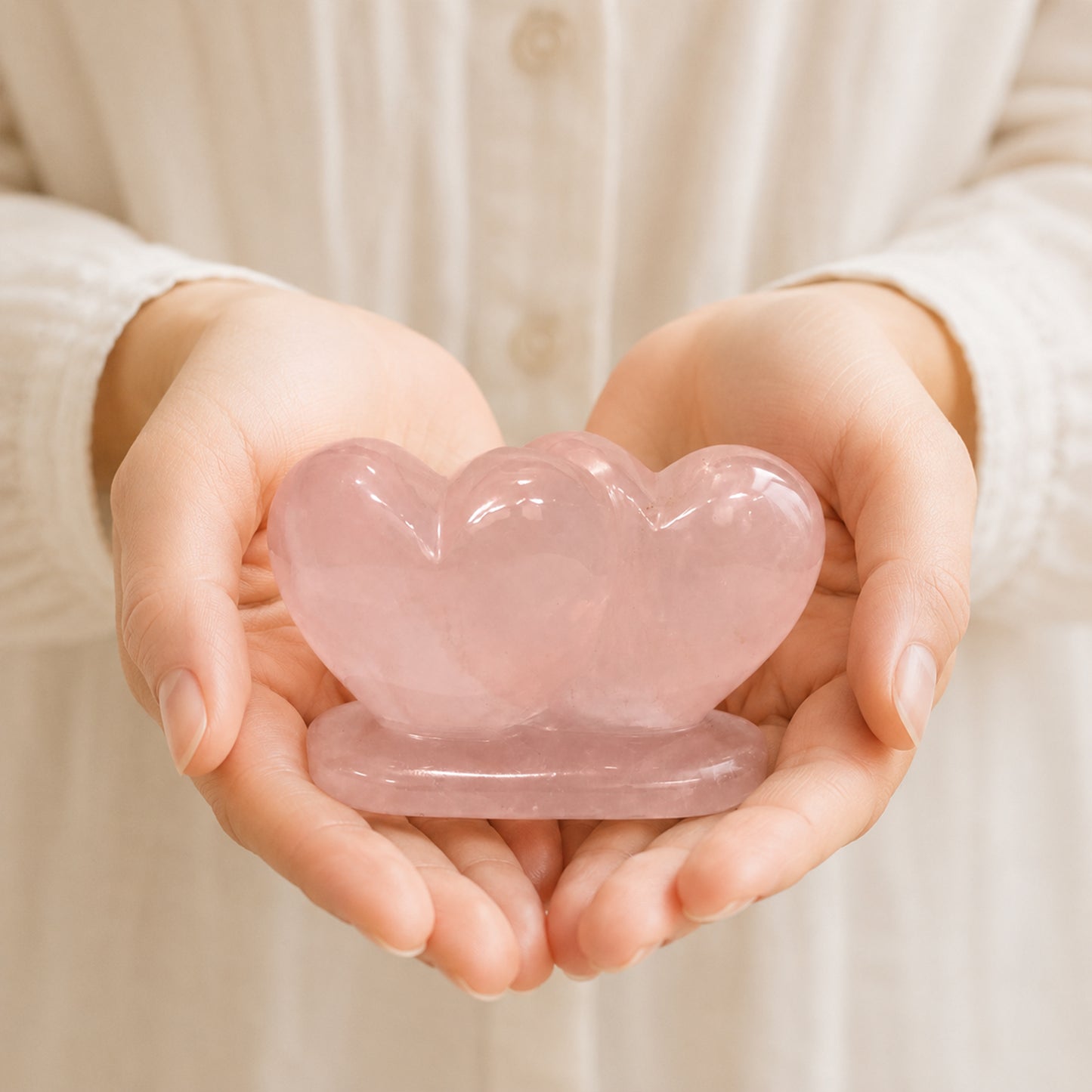 Natural Rose Quartz Twin Heart - Hand Carved - Decor