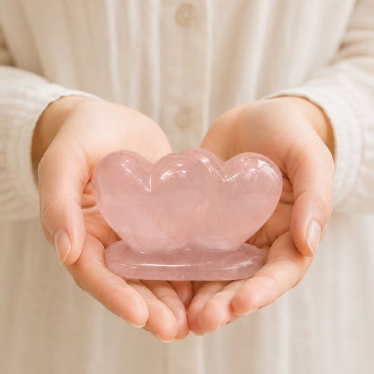 Natural Rose Quartz Twin Heart - Hand Carved - Decor