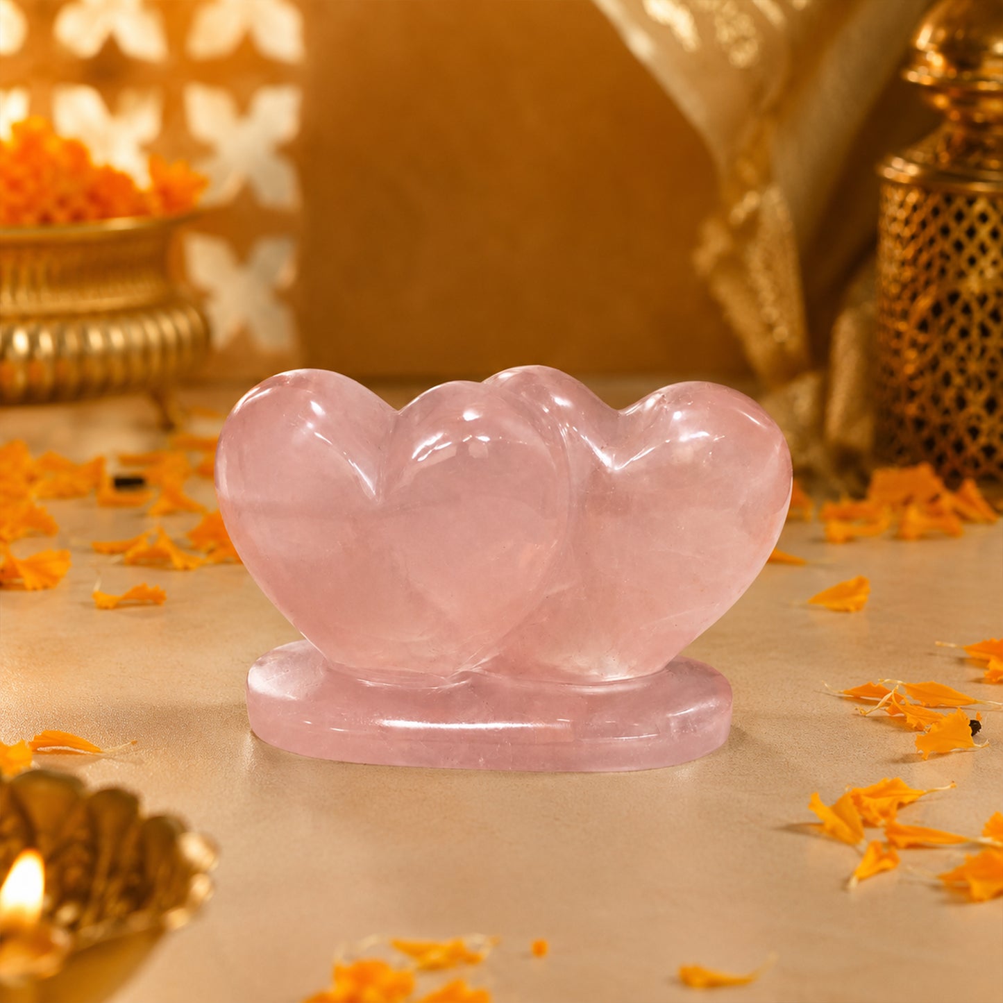 Natural Rose Quartz Twin Heart - Hand Carved - Decor