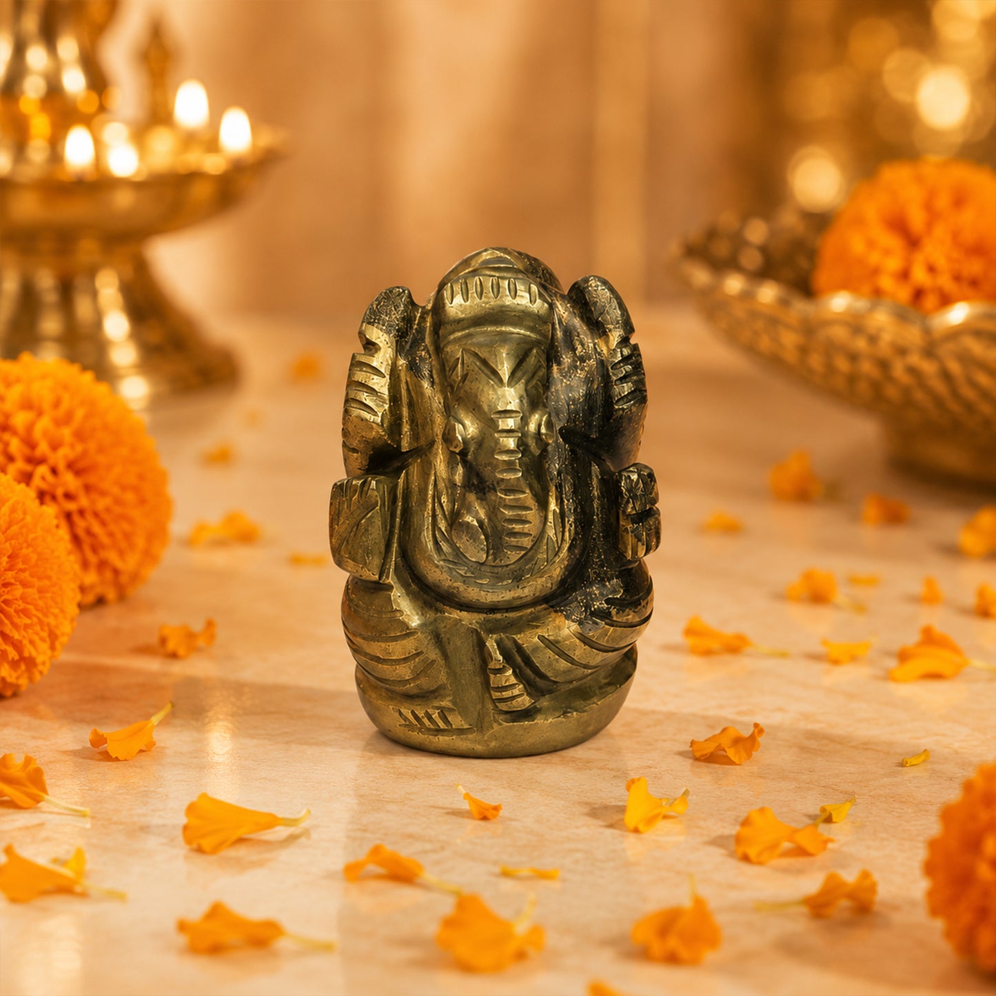 Natural Pyrite Hand-Carved Ganesha Statue/Idol: Prosperity, Protection & Mindfulness