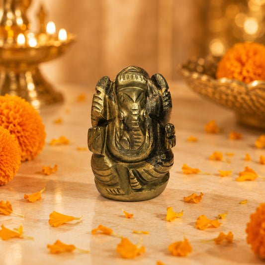 Natural Pyrite Hand-Carved Ganesha Statue/Idol: Prosperity, Protection & Mindfulness