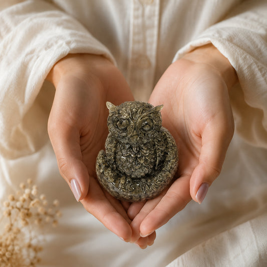 Natural Pyrite Hand Carved Owl