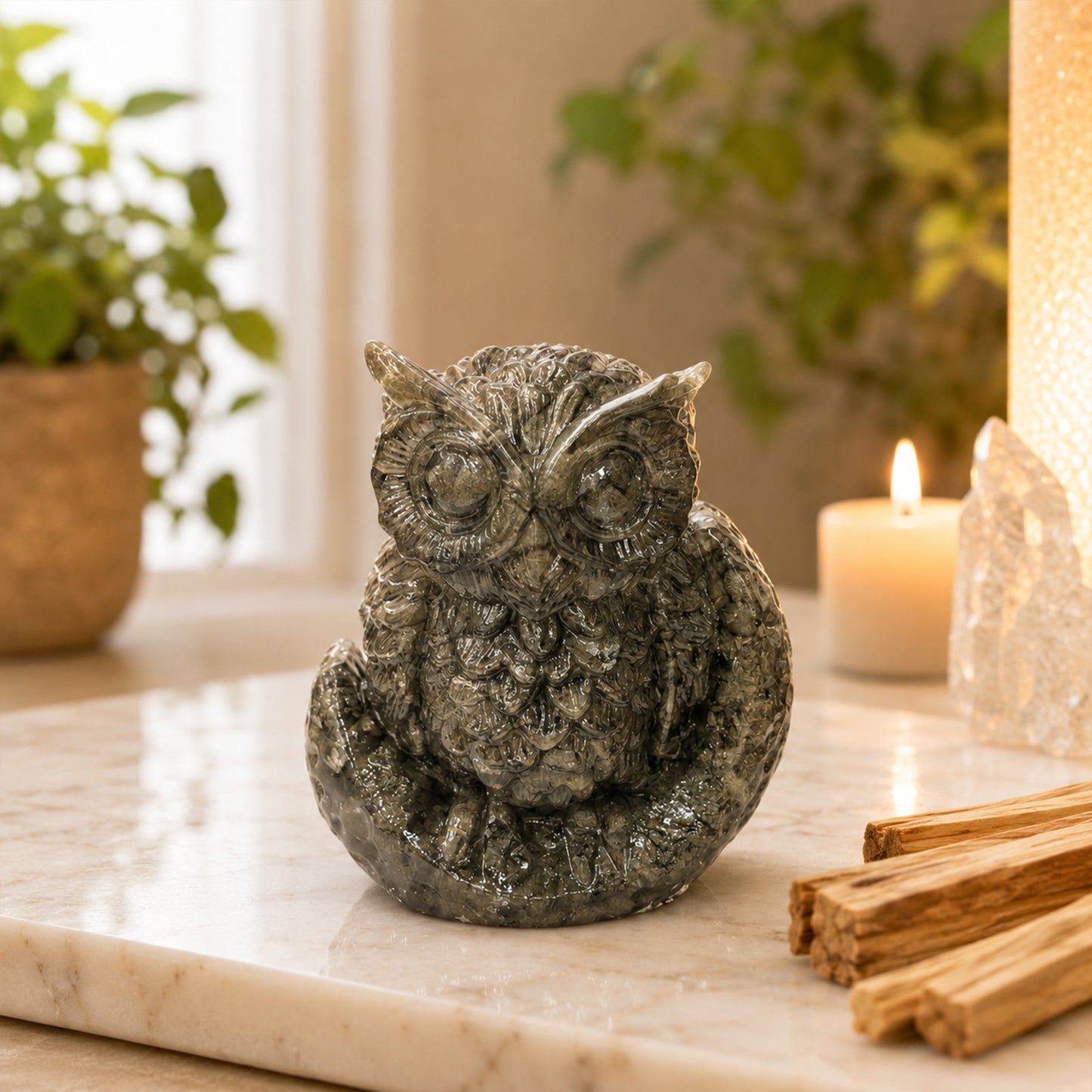 Natural Pyrite Hand Carved Owl