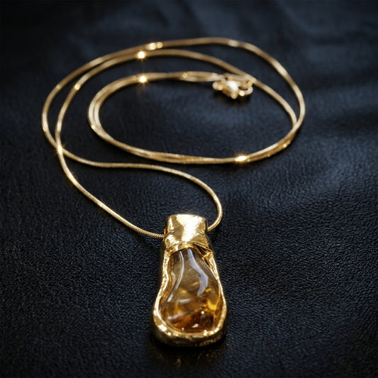 Natural Raw Citrine in Antique Rose Gold Plated Pendant Necklace