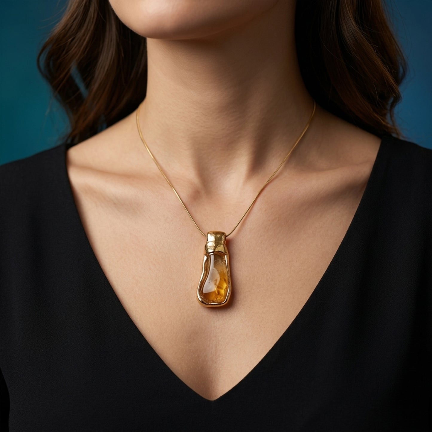 Natural Raw Citrine in Antique Rose Gold Plated Pendant Necklace