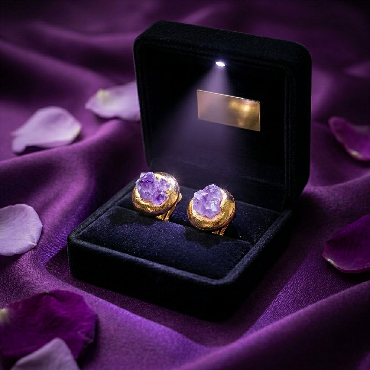 Raw Amethyst Earrings - Gold - Plated Stainless Steel Studs Front Hoop Dangle