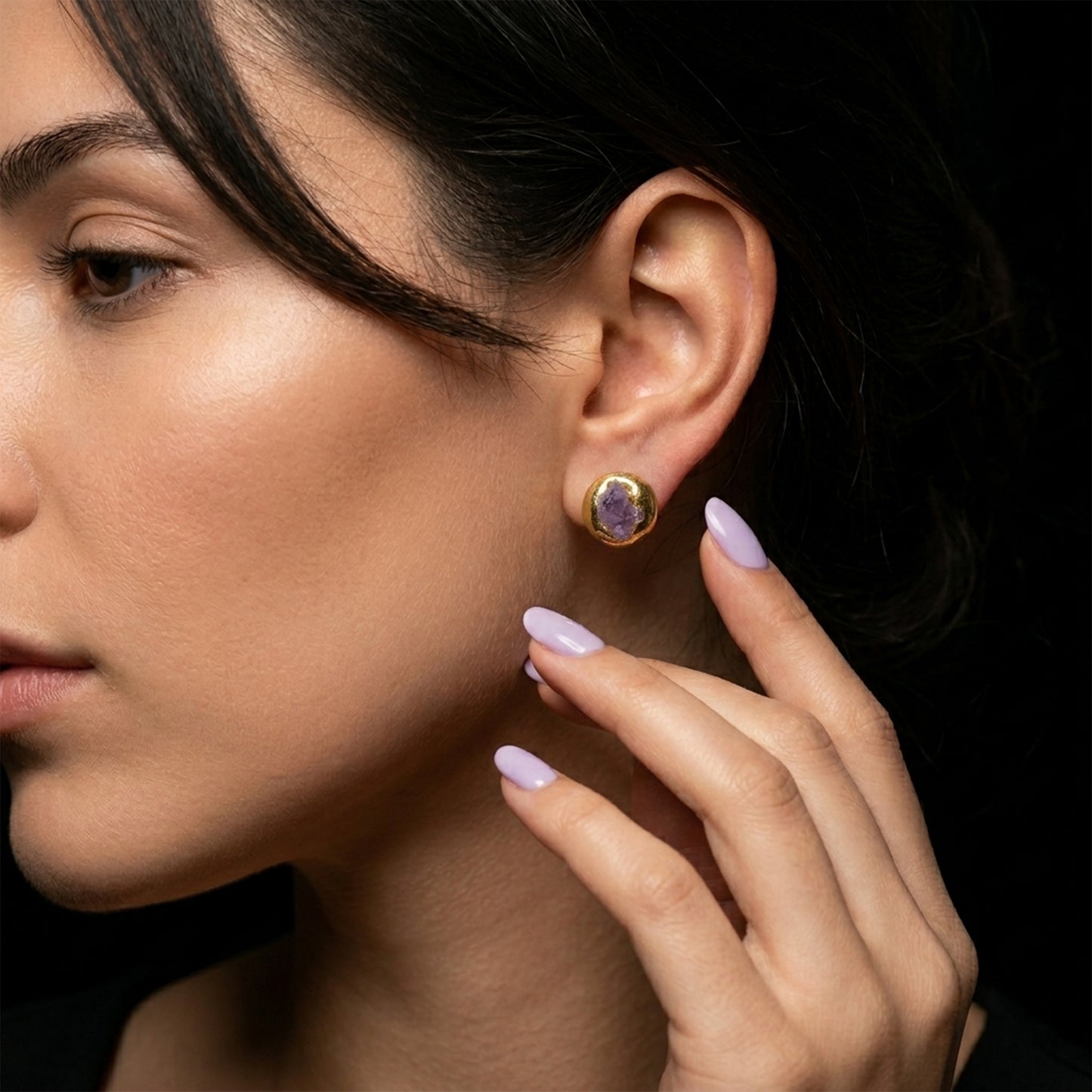 Raw Amethyst Earrings - Gold - Plated Stainless Steel Studs Front Hoop Dangle