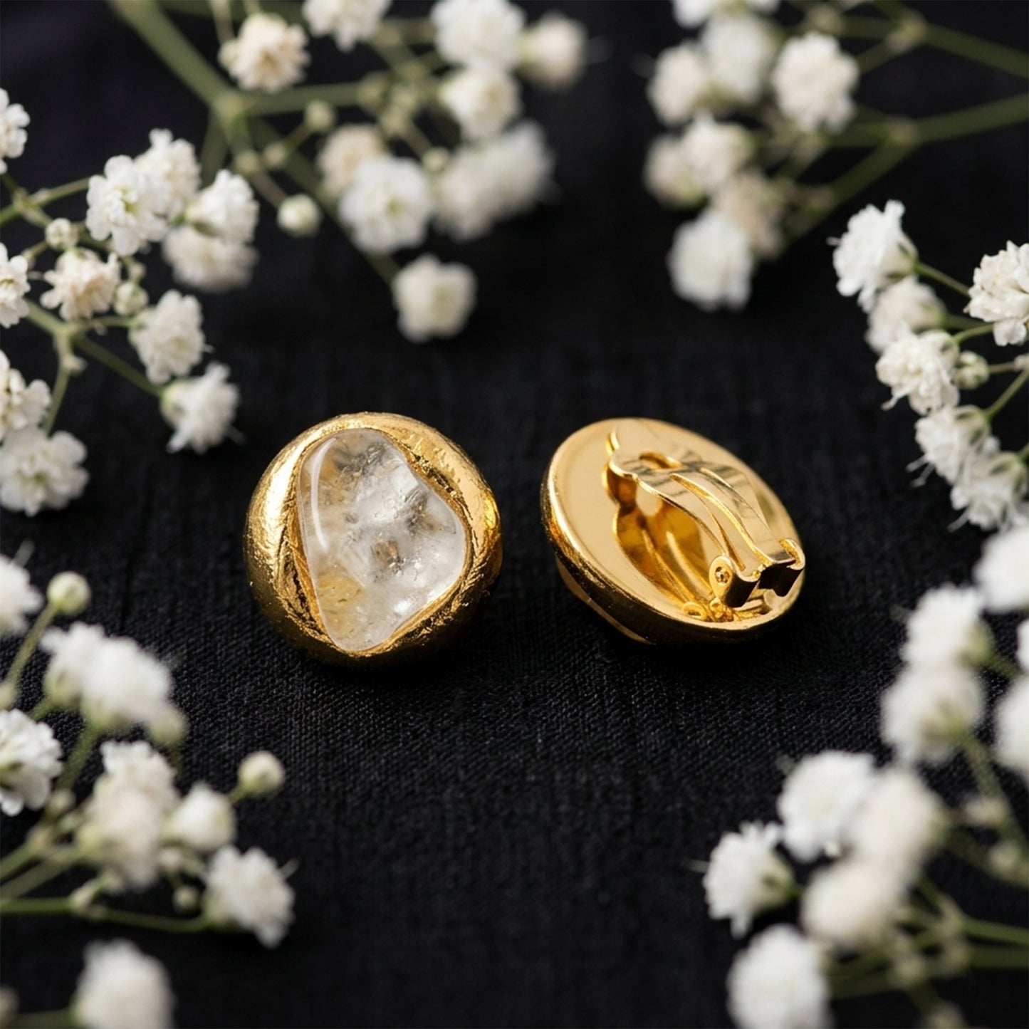 Raw Pyrite Earrings - Gold-Plated Stainless-Steel Studs - Front Hoop Dangle
