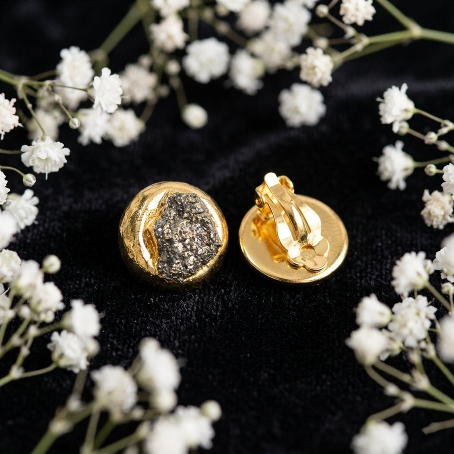 Raw Pyrite Earrings - Gold-Plated Stainless-Steel Studs - Front Hoop Dangle