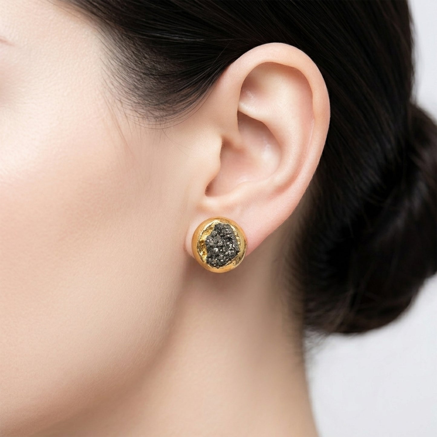 Raw Pyrite Earrings - Gold-Plated Stainless-Steel Studs - Front Hoop Dangle