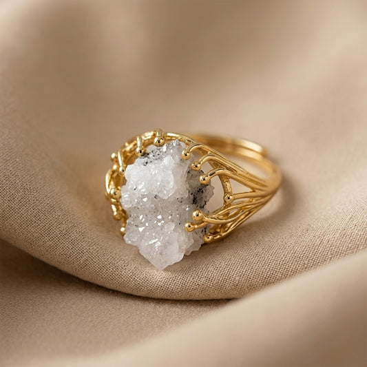 Raw Clear Quartz Ring, Adjustable Gold-Plated Finger Ring