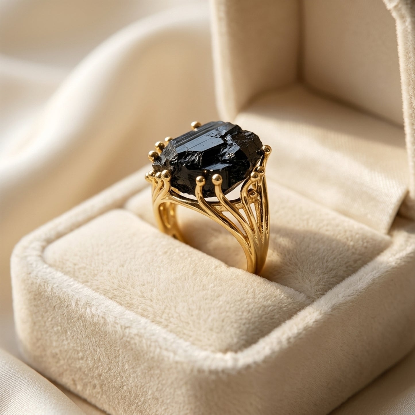 Raw Black Tourmaline Ring, Adjustable Gold-Plated Finger Ring
