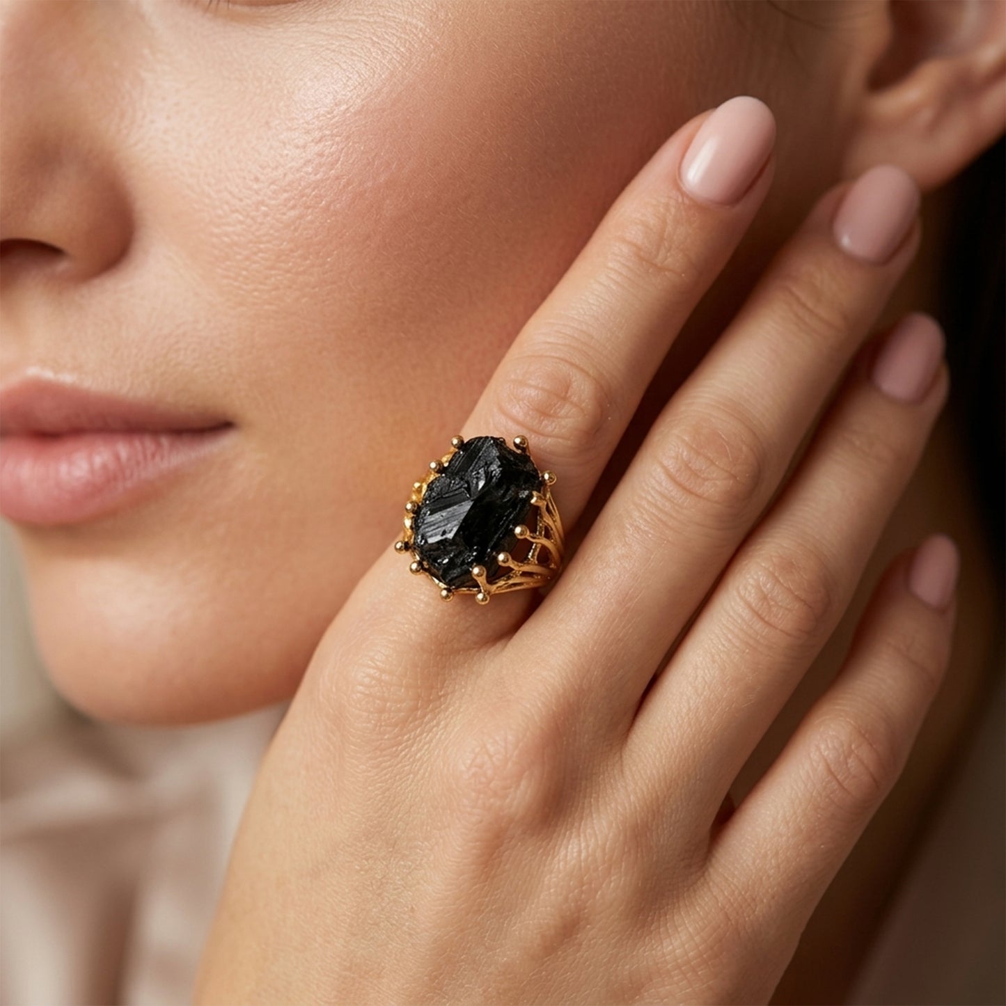 Raw Black Tourmaline Ring, Adjustable Gold-Plated Finger Ring