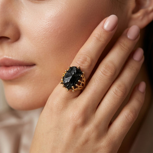 Raw Black Tourmaline Ring, Adjustable Gold-Plated Finger Ring