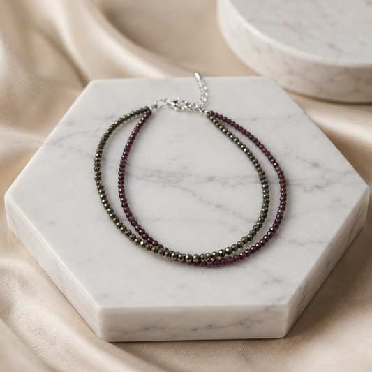 Natural Raw Faceted Rose Garnet and Pyrite Anklets