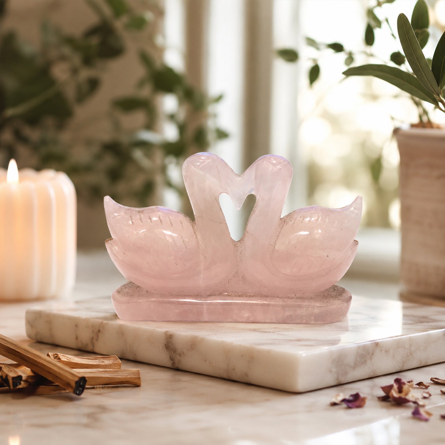 Rose Quartz Carved Duck Pair: Crystal Love Birds, Home Decor