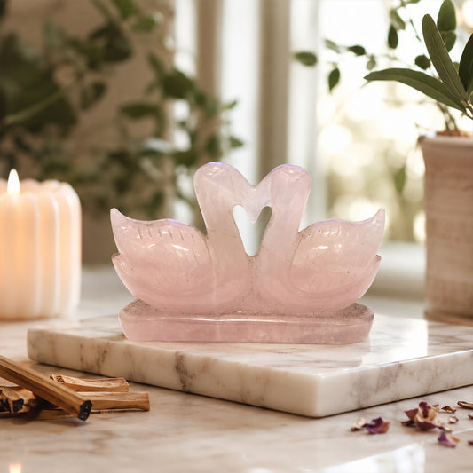 Rose Quartz Carved Duck Pair: Crystal Love Birds, Home Decor