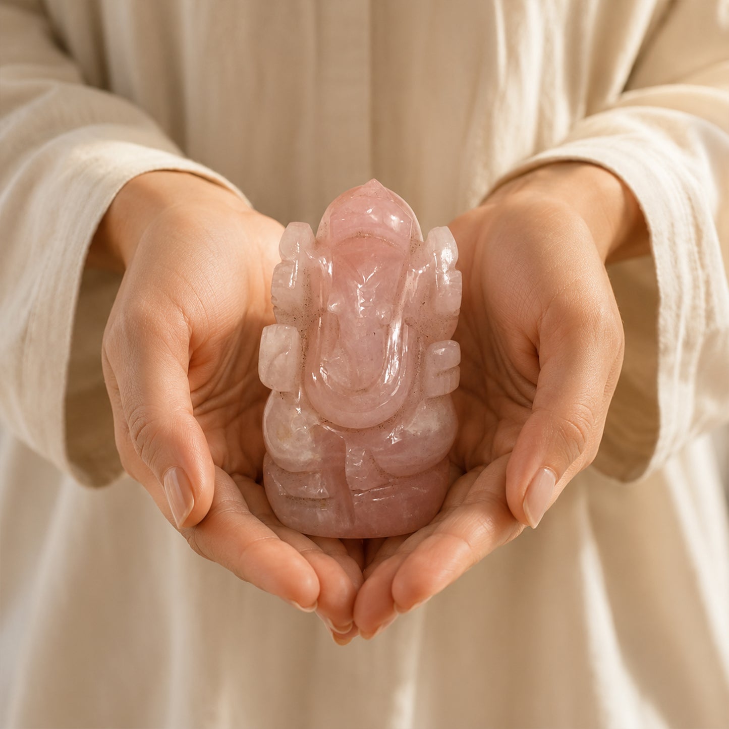 Natural Rose Quartz Hand Carved Ganesha Idol