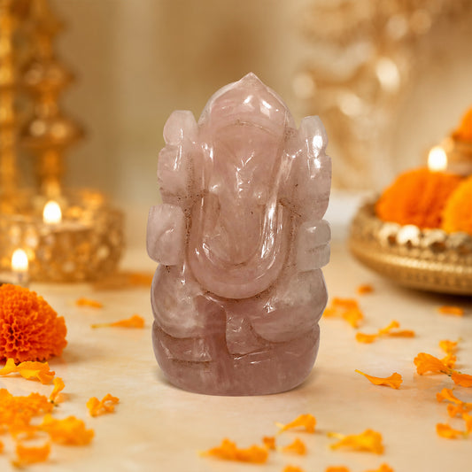 Natural Rose Quartz Hand Carved Ganesha Idol