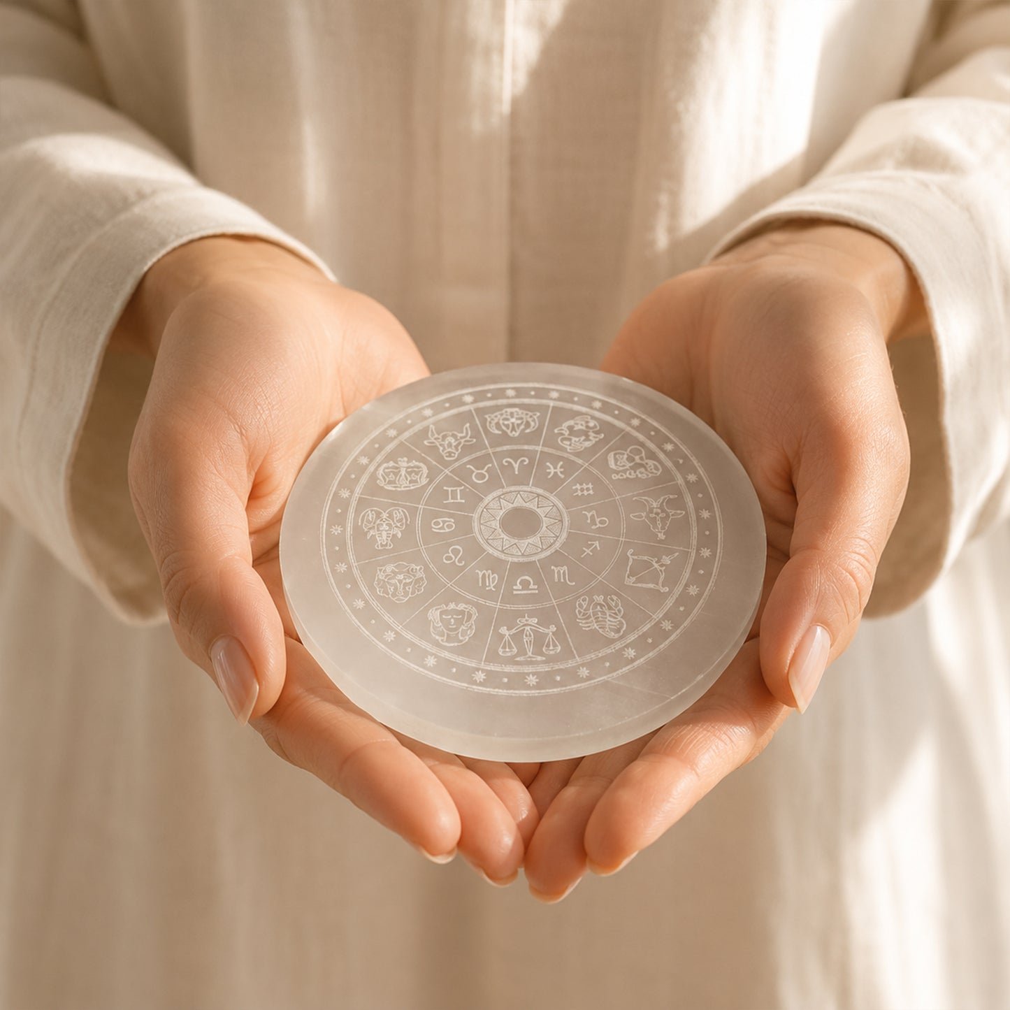 Selenite Zodiac Disc: Engraved Crystal Plate, Energy Healing