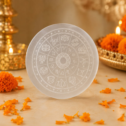 Selenite Zodiac Disc: Engraved Crystal Plate, Energy Healing